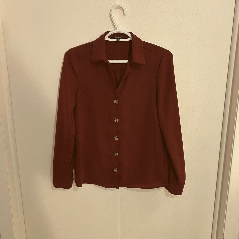 Dynamite Size XXS Burgundy V-Neck Long-Sleeve Blouse